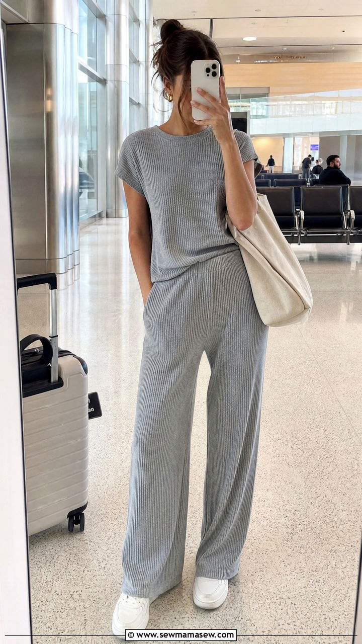 Ribbed Knit Lounge Set for Airport Travel - 30 Matching set outfit ideas for vacation