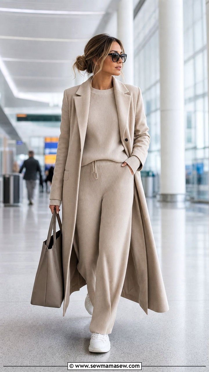 Ribbed Knit Lounge Set with Long Coat and Sneakers - 25 cute windy day outfits