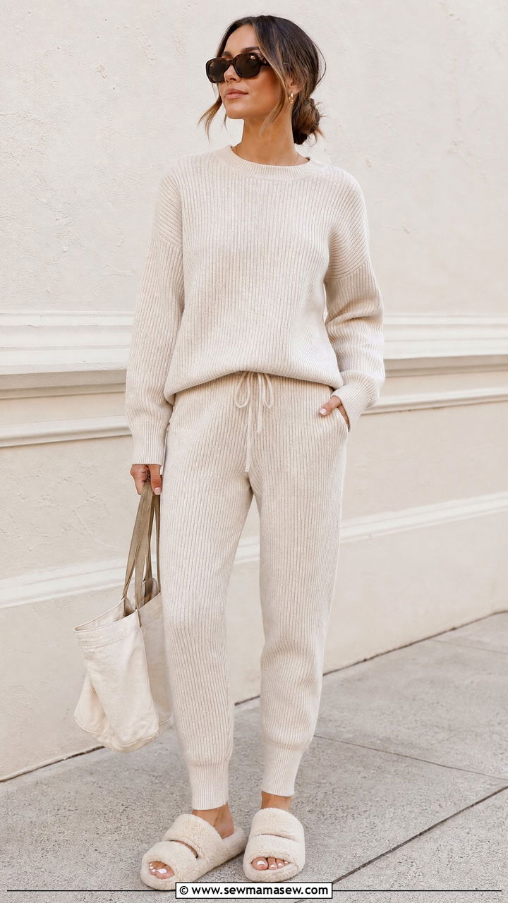 Ribbed Knit Lounge Set with Shearling Slides - 30 Luxury loungewear outfit ideas