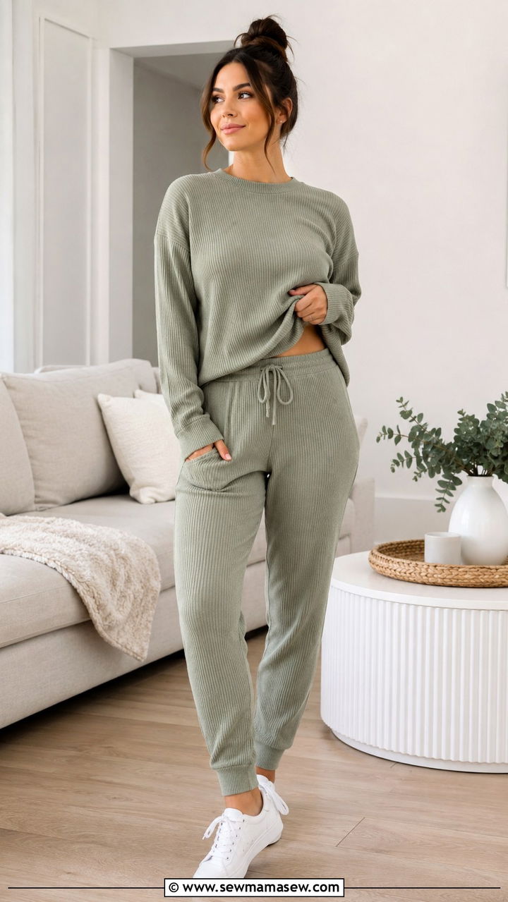 Ribbed Knit Lounge Set with Sneakers - 20 Postpartum outfit ideas for photos