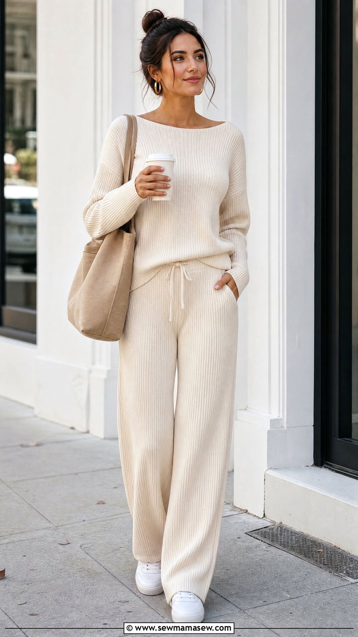 Ribbed Knit Lounge Set with White Sneakers - 25 Knit loungewear set outfit ideas