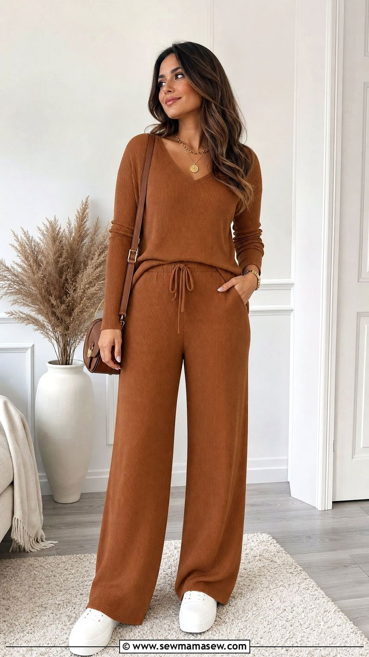 Ribbed Knit Matching Set Outfit - 25 cute sporty chic outfits