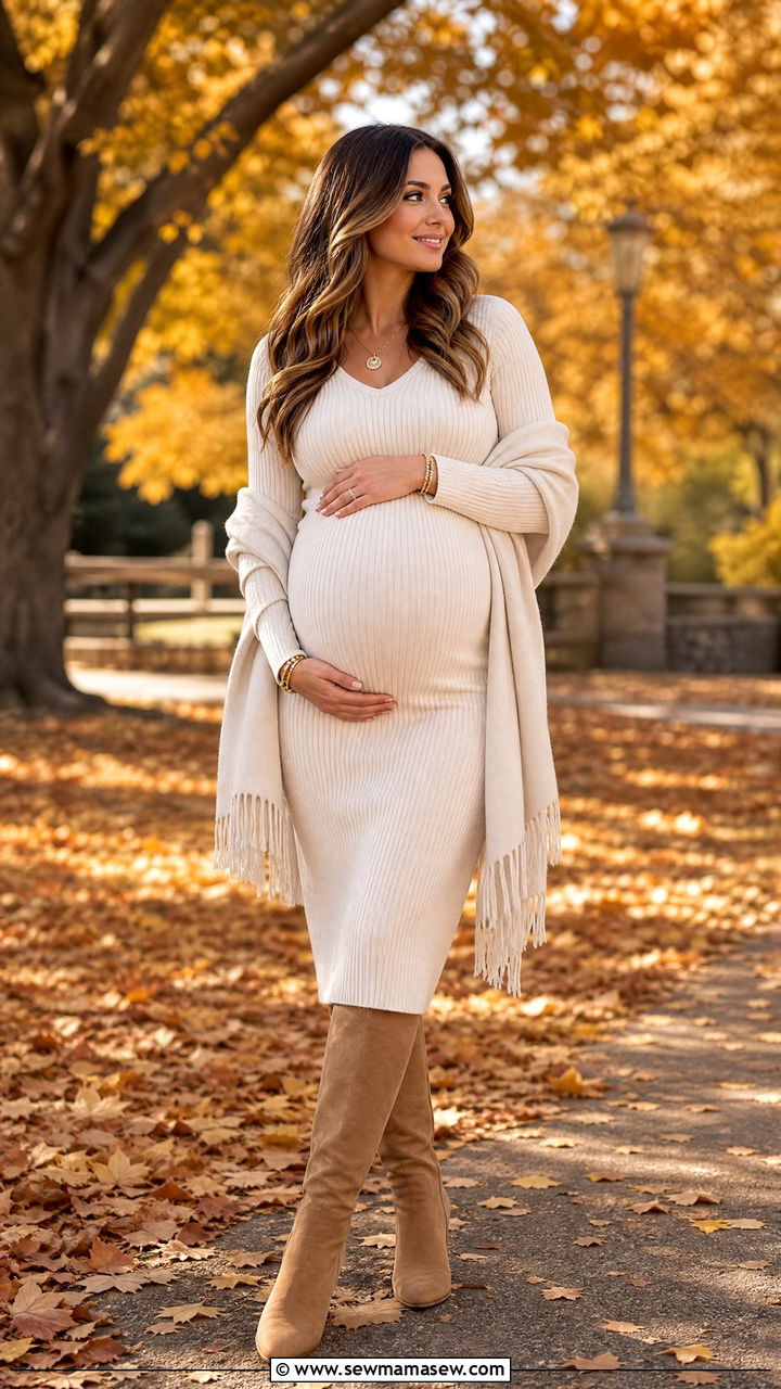 Ribbed Knit Maternity Dress with Boots - 25 Maternity outfit ideas for gender reveal