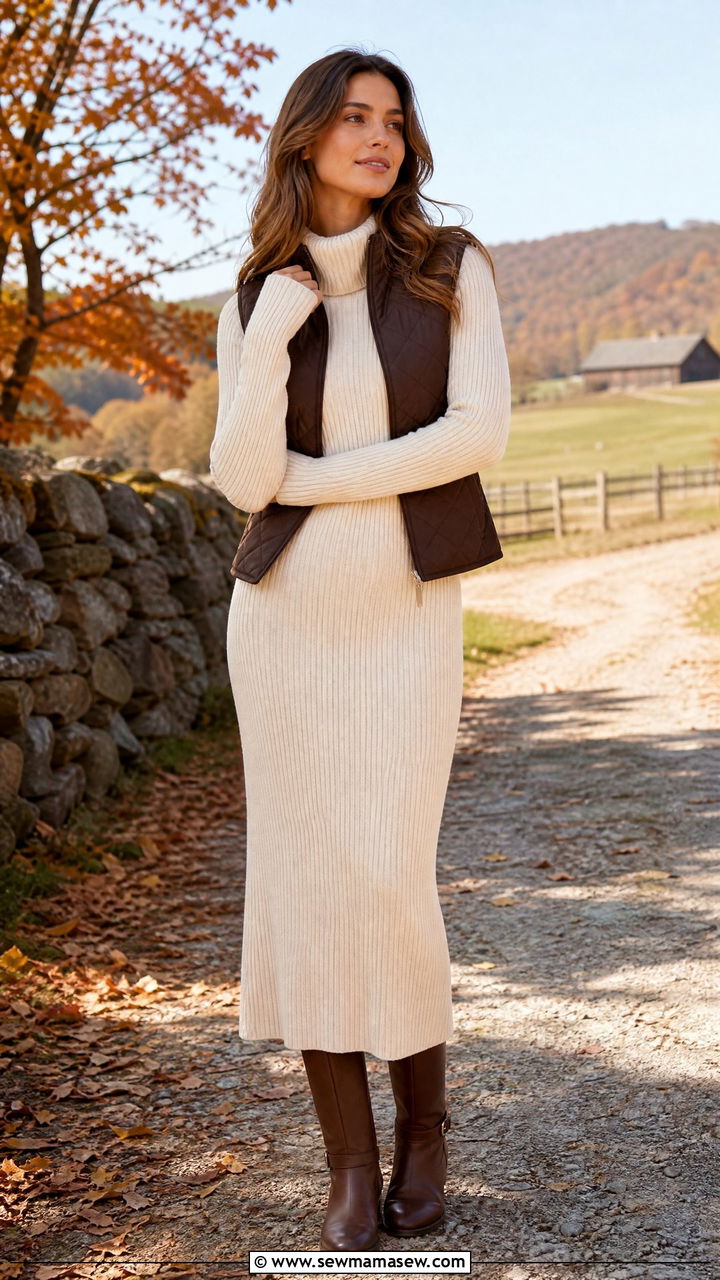 Ribbed Knit Maxi Dress With Riding Boots - 30 Maxi dress outfit ideas with boots