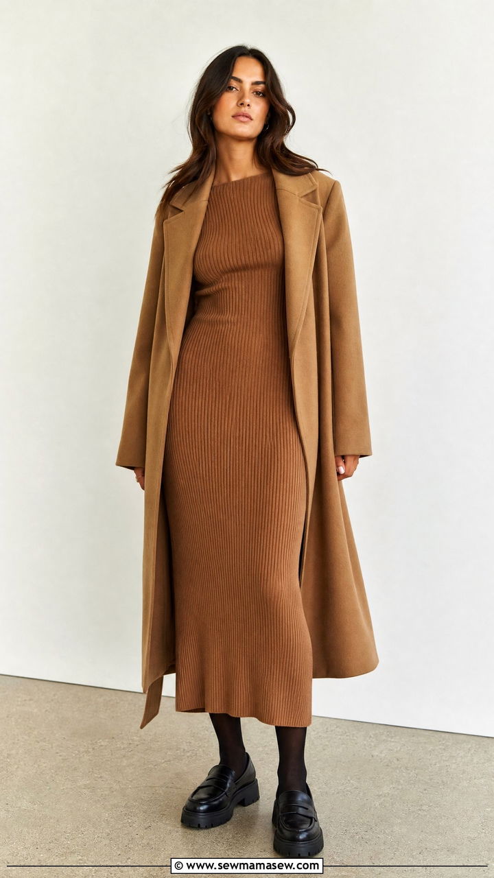Ribbed Knit Maxi Dress With Tights And Loafers - 30 Maxi dress outfit ideas with tights