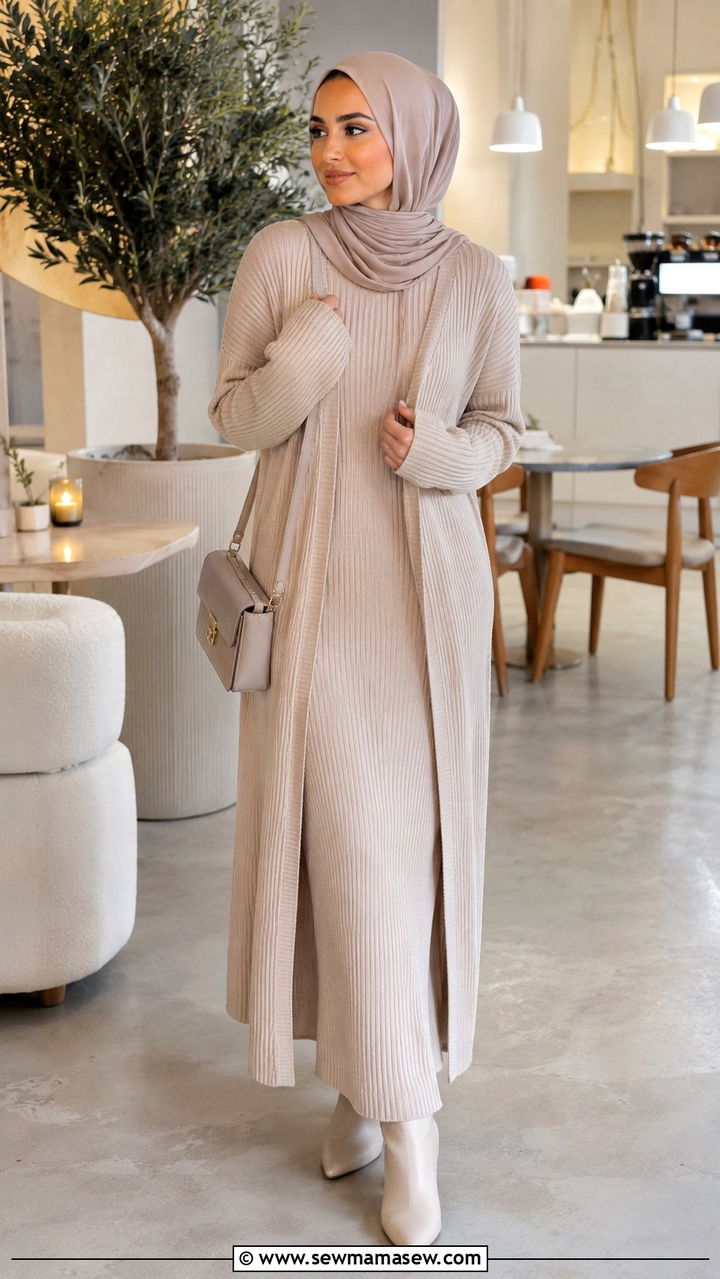 Ribbed Knit Maxi Dress and Cardigan Set - 25 Ramadan matching set outfit ideas