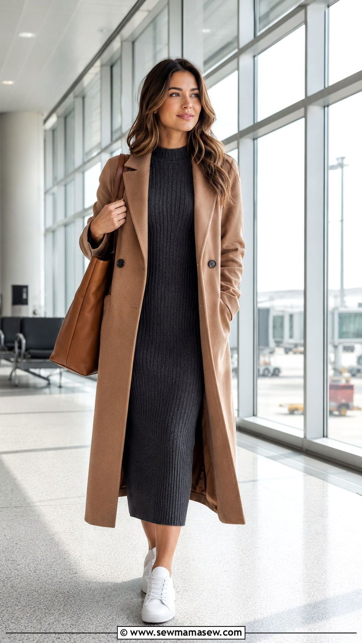 Ribbed Knit Midi Dress And Long Camel Coat - 25 travel outfits aesthetic