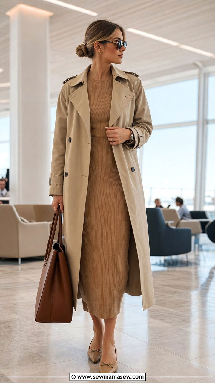 Ribbed Knit Midi Dress And Trench Coat - 35 Airport outfit ideas old money