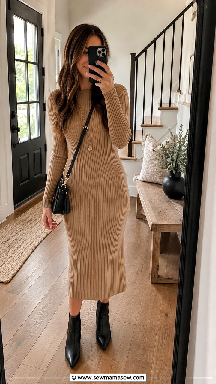 Ribbed Knit Midi Dress With Ankle Boots - 30 Outfit ideas for working moms