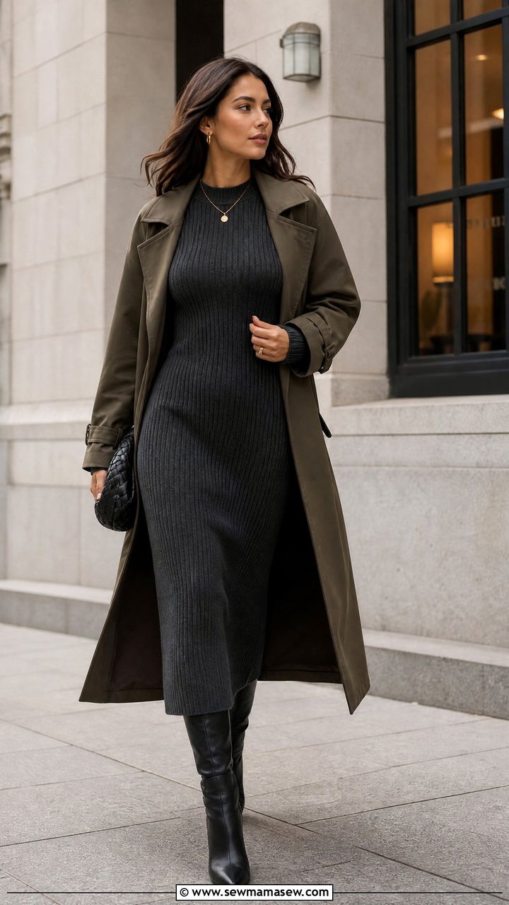 Ribbed Knit Midi Dress With Boots - 35 midi dress outfit ideas for women