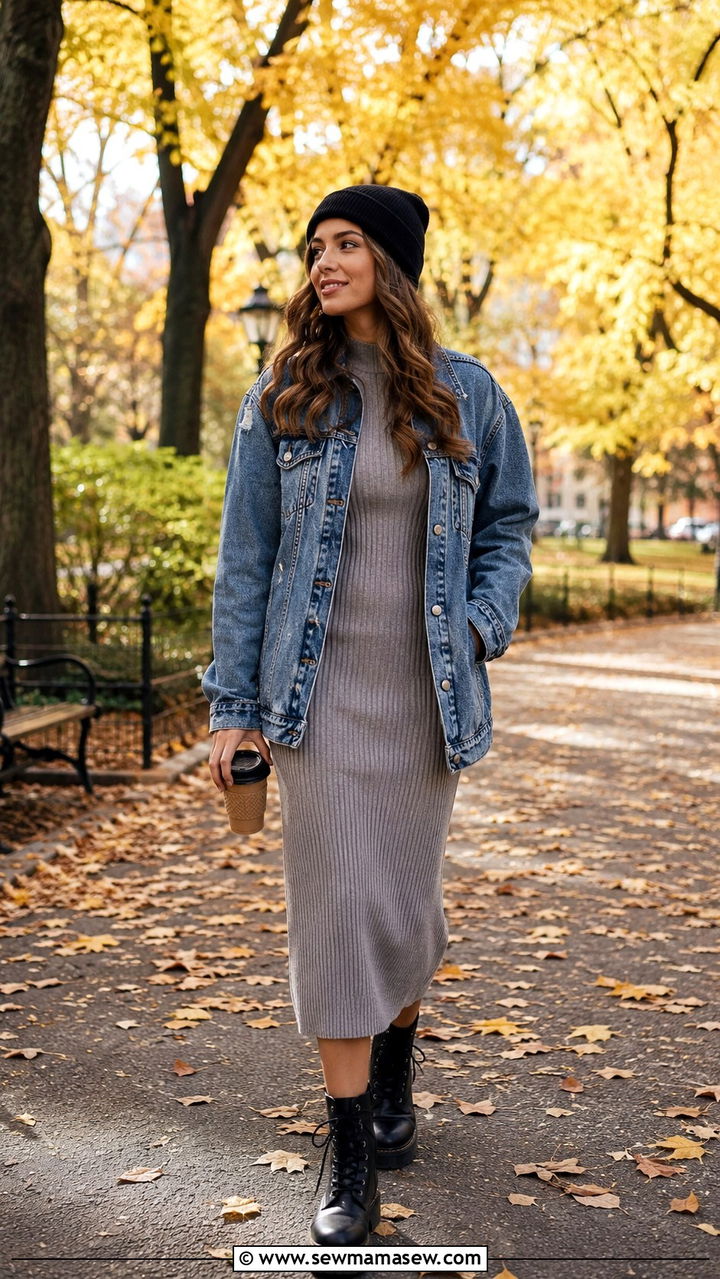 Ribbed Knit Midi Dress With Combat Boots - 30 Midi dress outfit ideas with boots