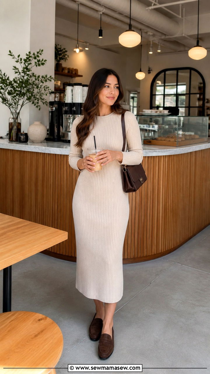 Ribbed Knit Midi Dress With Flat Loafers - 40 spring aesthetic outfit ideas