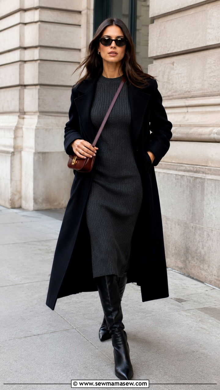 Ribbed Knit Midi Dress With Knee High Boots And Long Coat - 25 Nepo baby outfit ideas 2026