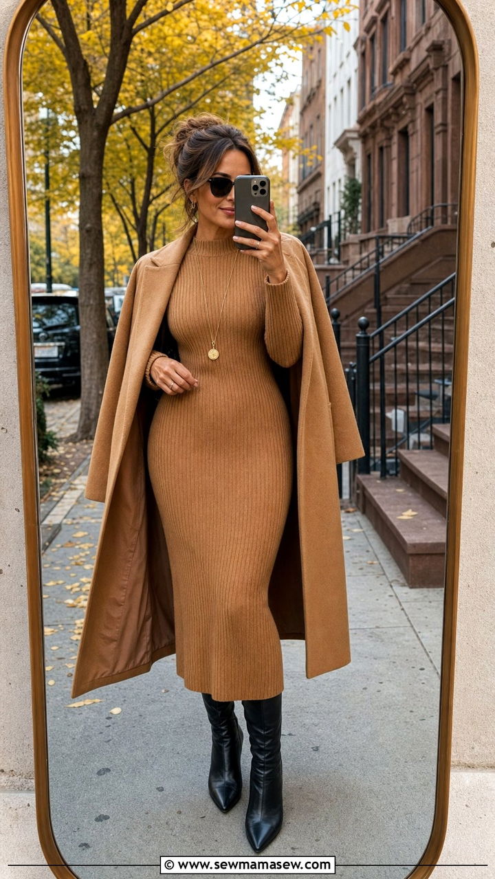Ribbed Knit Midi Dress With Knee High Boots Outfit - 25 elegant outfits aesthetic