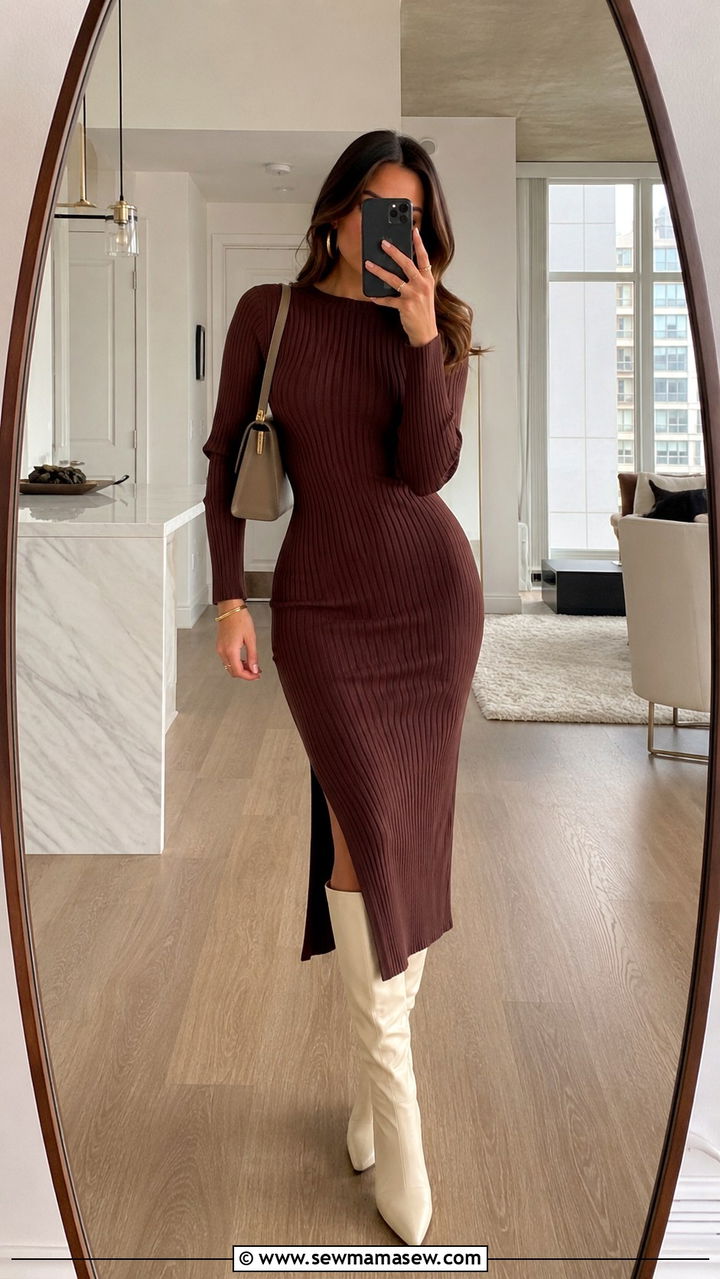 Ribbed Knit Midi Dress With Knee High Boots - 25 birthday outfits inspo