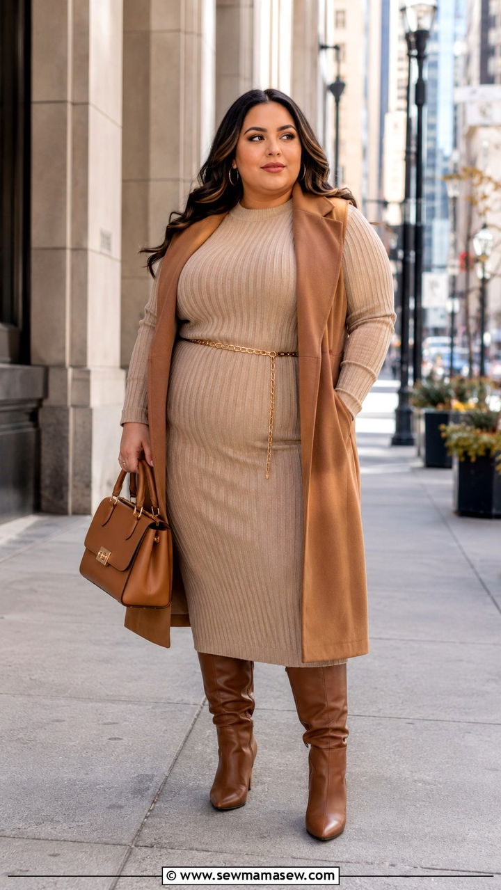 Ribbed Knit Midi Dress With Longline Vest And Knee High Boots Petite Plus Size - 20 Petite plus size outfit ideas 18