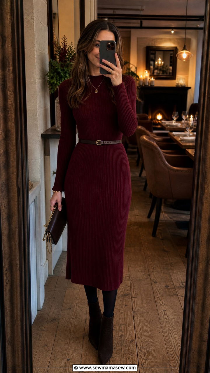 Ribbed Knit Midi Dress With Opaque Tights And Ankle Boots - 35 Hygge outfit ideas