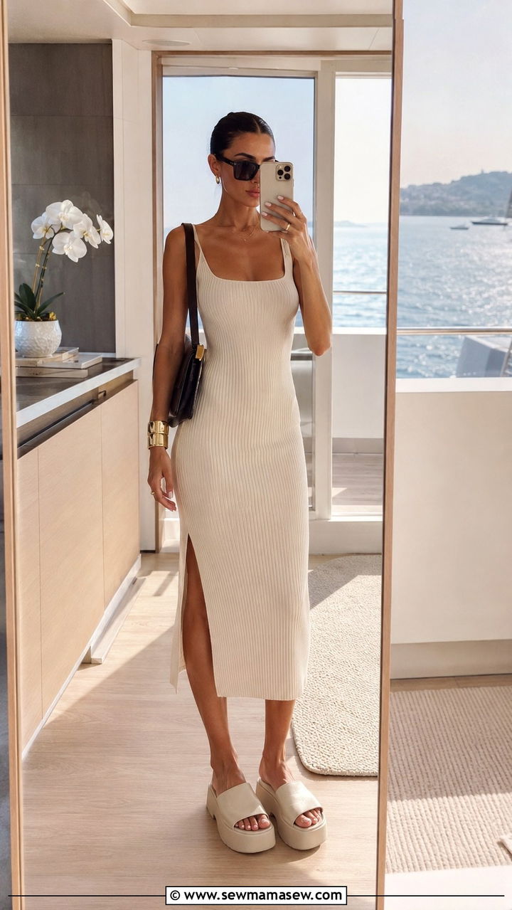 Ribbed Knit Midi Dress With Platform Slides - 20 Summer yacht outfit ideas