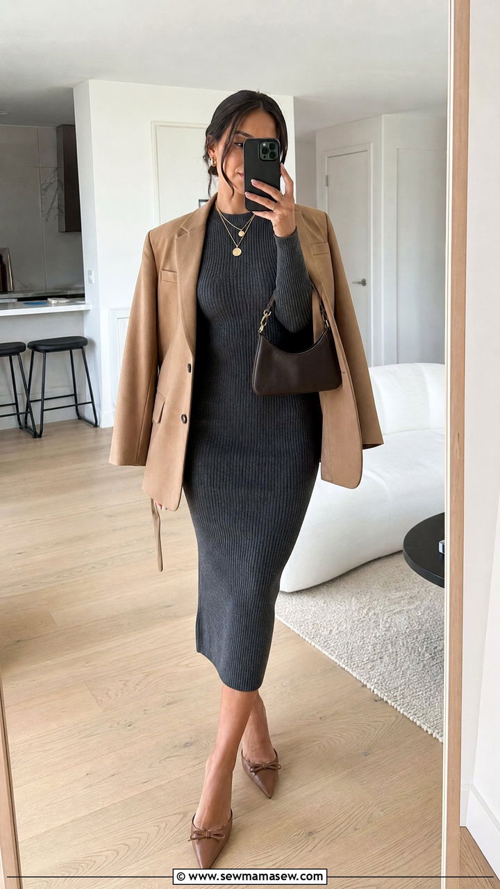 Ribbed Knit Midi Dress With Shoulder Blazer - 25 Female entrepreneur outfit ideas