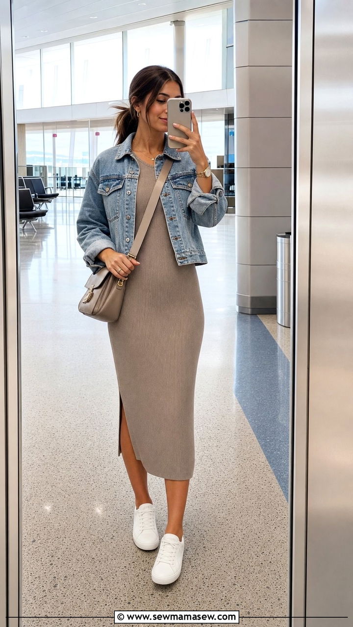Ribbed Knit Midi Dress With Sneakers - 35 Airport outfit ideas with sneakers
