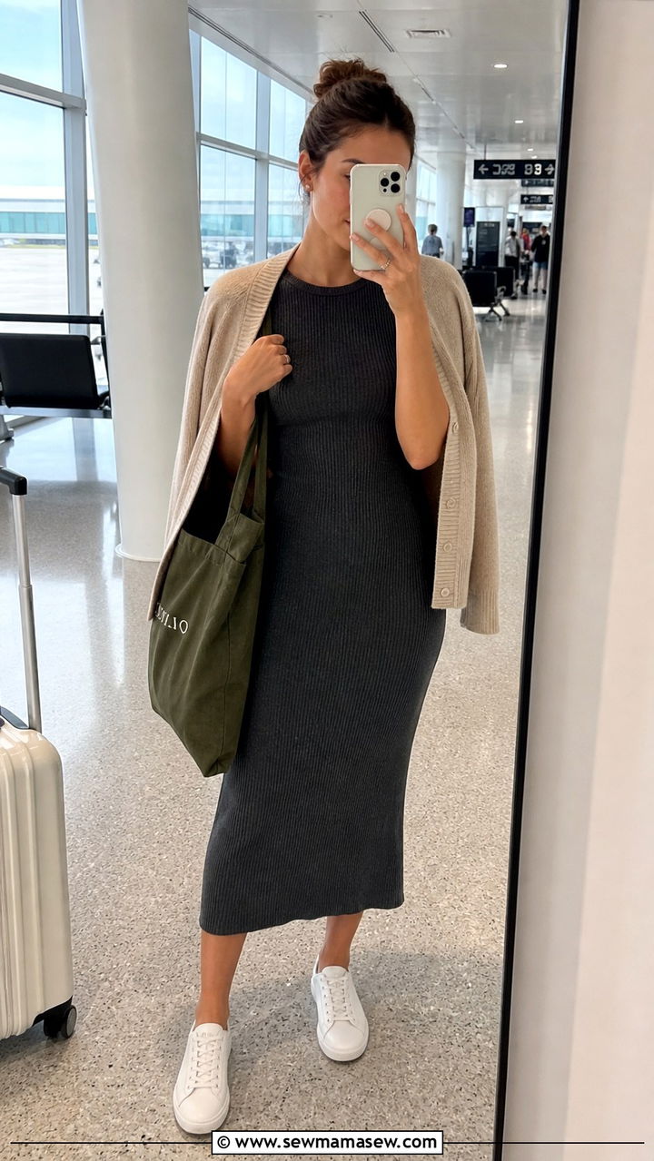 Ribbed Knit Midi Dress With White Sneakers - 40 casual vacation outfits