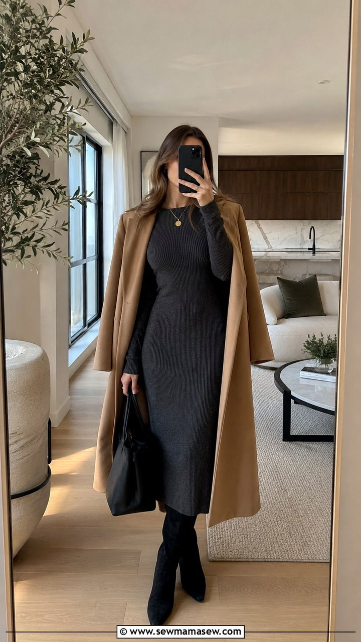 Ribbed Knit Midi Dress and Knee High Boots - 30 Old money capsule wardrobe