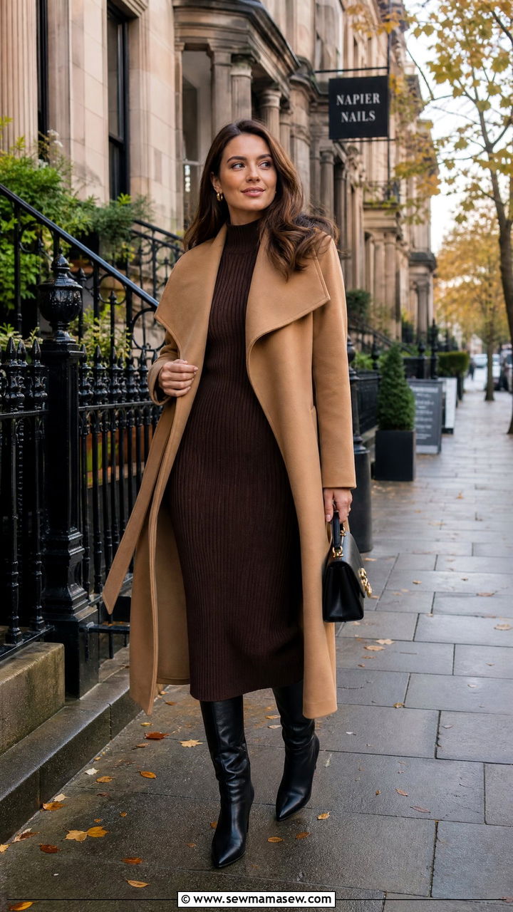 Ribbed Knit Midi Dress and Knee High Boots - 25 Glasgow outfit ideas