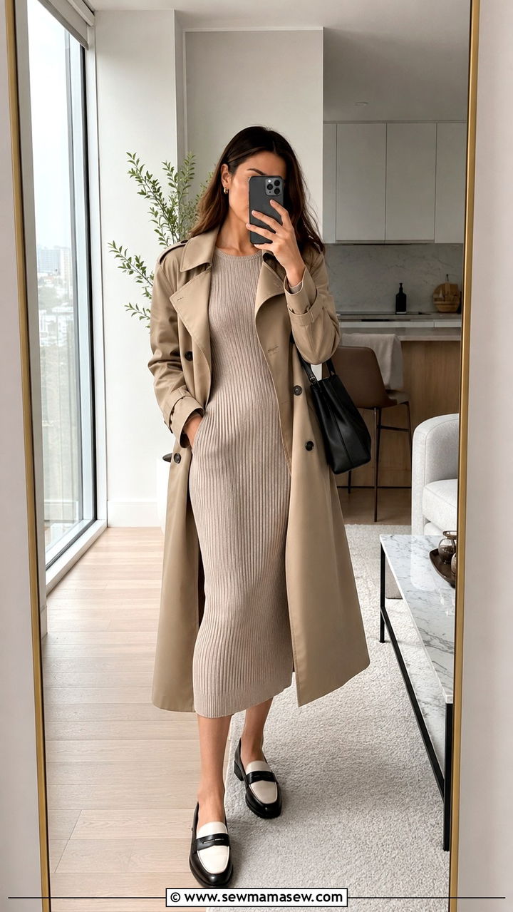 Ribbed Knit Midi Dress and Two Tone Loafers - 25 Midi dress with loafers outfit ideas
