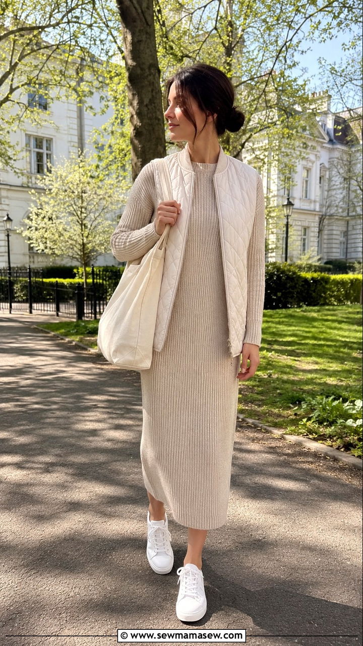 Ribbed Knit Midi Dress and White Trainers - 30 Modest outfit ideas clean girl