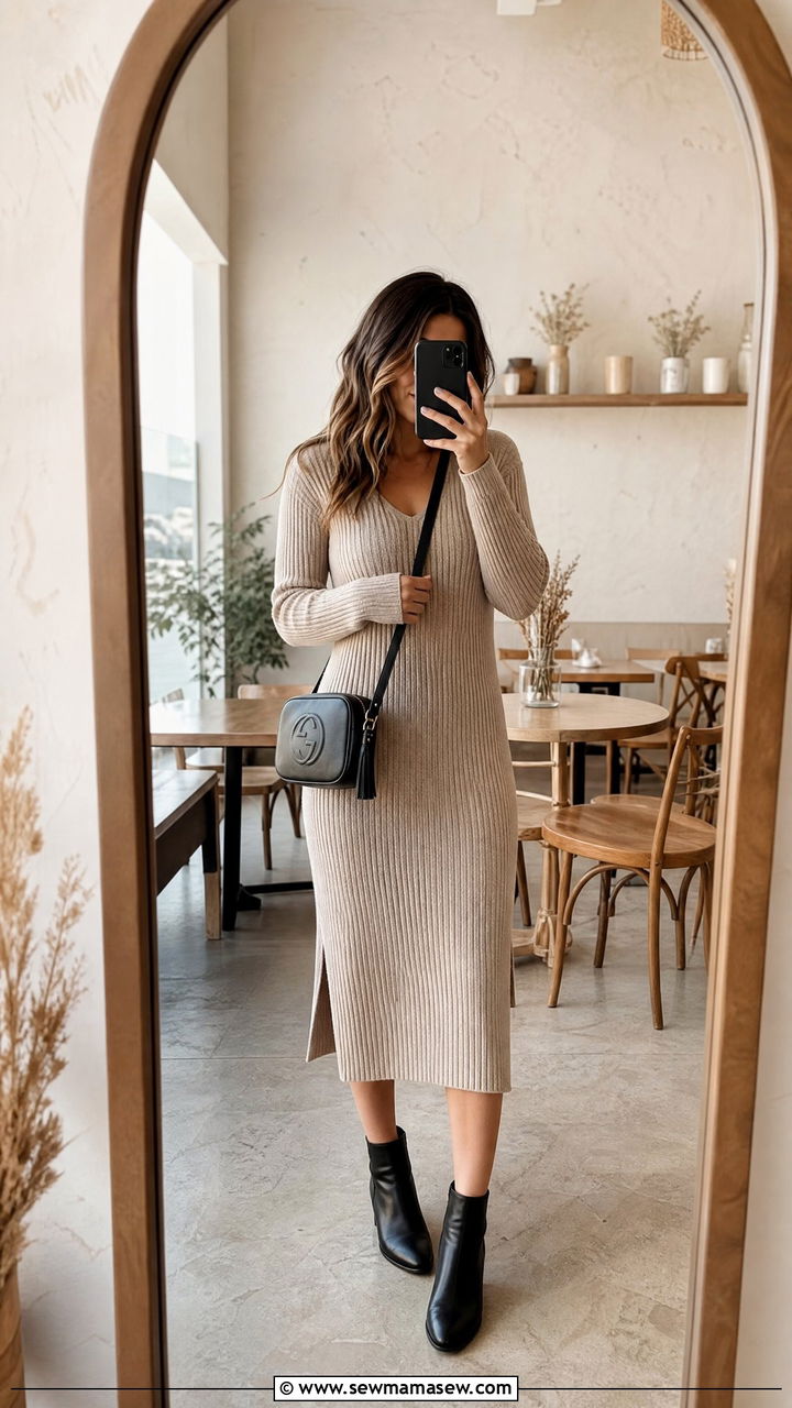 Ribbed Knit Midi Dress with Ankle Boots - 25 Brunch outfit ideas with a midi dress