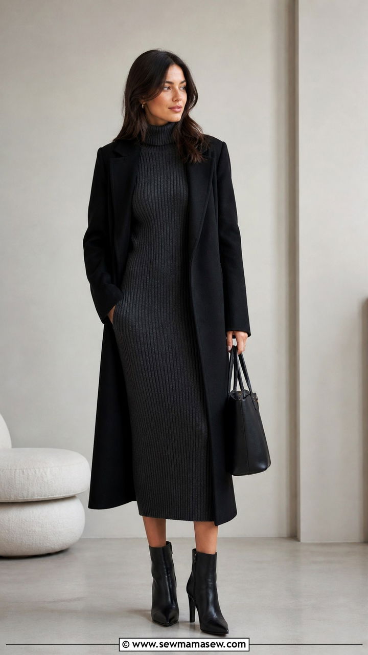 Ribbed Knit Midi Dress with Ankle Boots Office Outfit - 40 Classy work outfit ideas