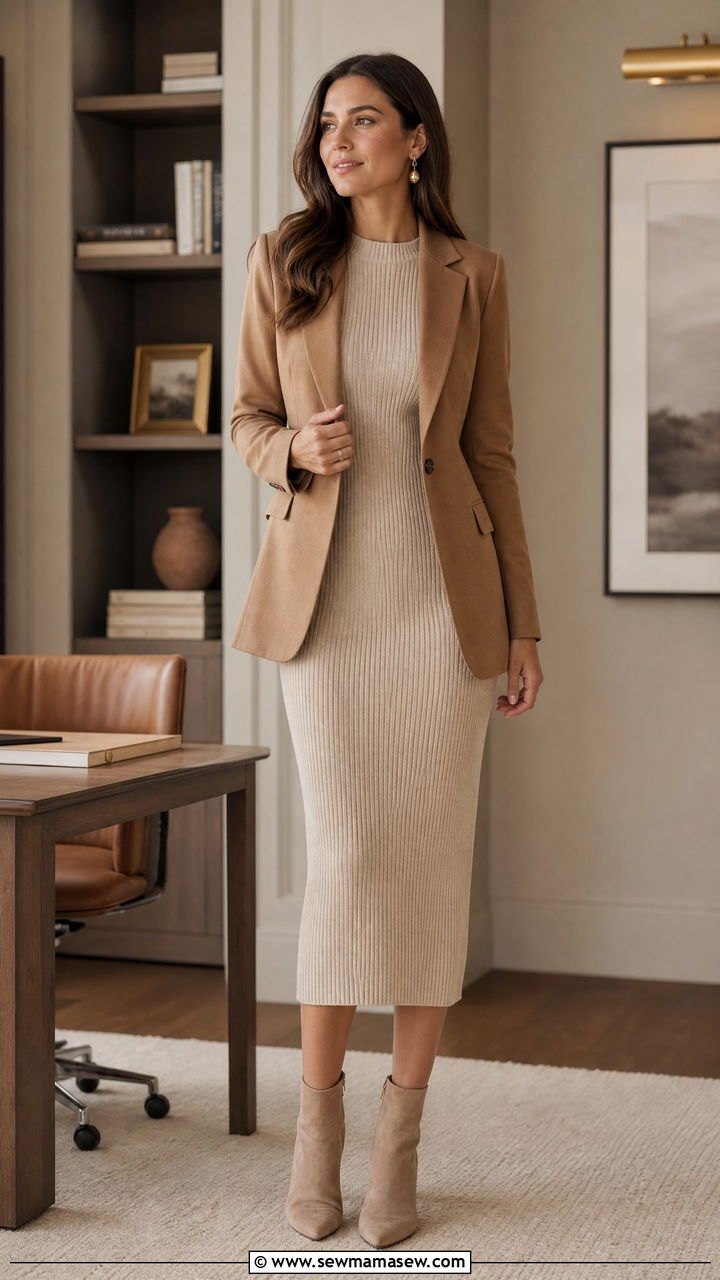 Ribbed Knit Midi Dress with Camel Blazer Outfit - 30 Old money outfit ideas for work