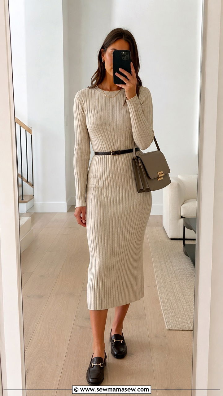 Ribbed Knit Midi Dress with Leather Loafers - 20 Quiet luxury outfit ideas Brunello Cucinelli style