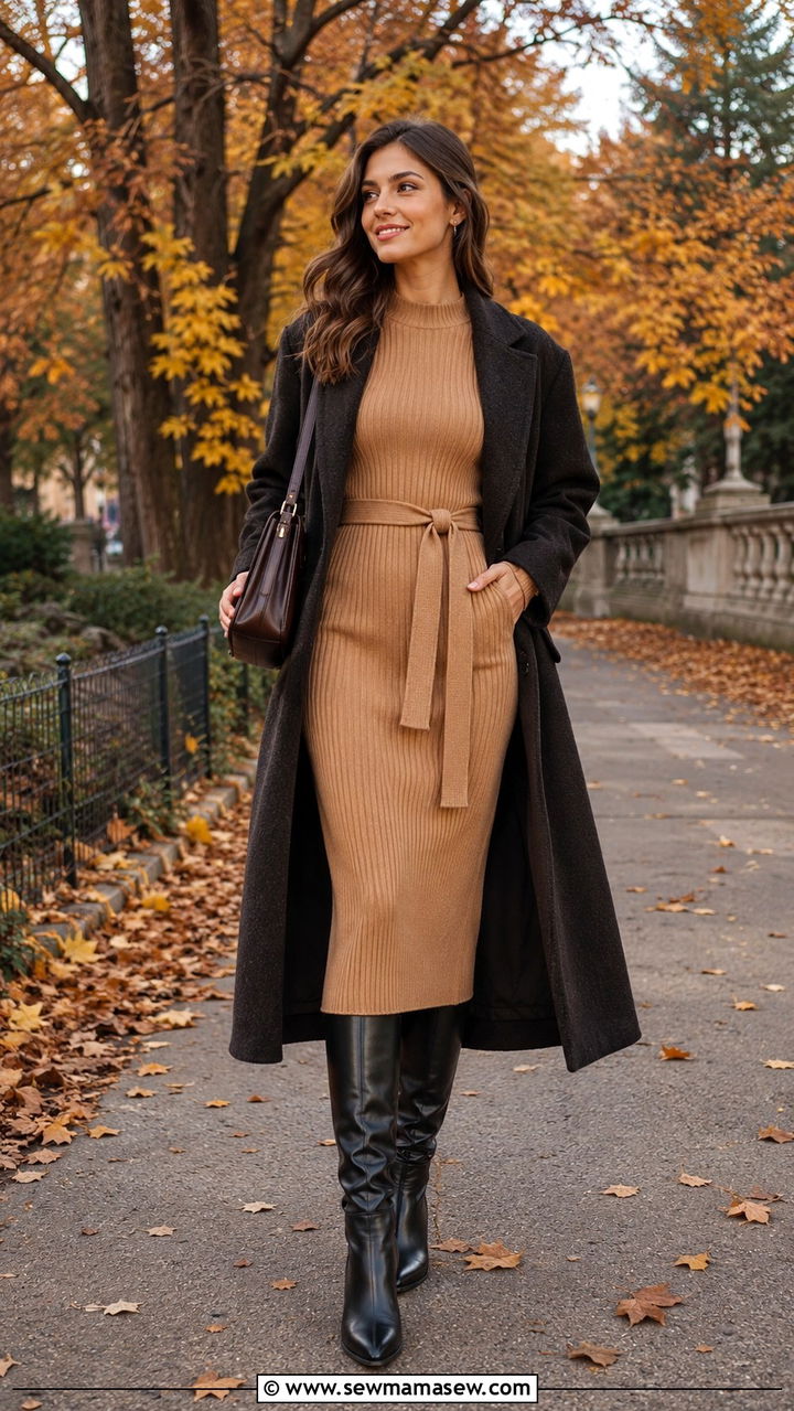 Ribbed Knit Midi Dress with Self Tie Belt and Knee High Boots - 30 Midi dress outfit ideas with a belt