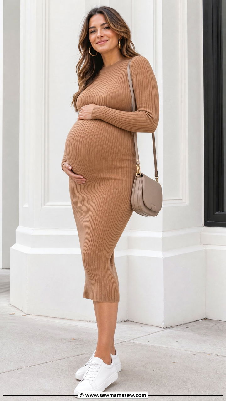 Ribbed Knit Midi Dress with Sneakers - 25 casual outfits for pregnant women