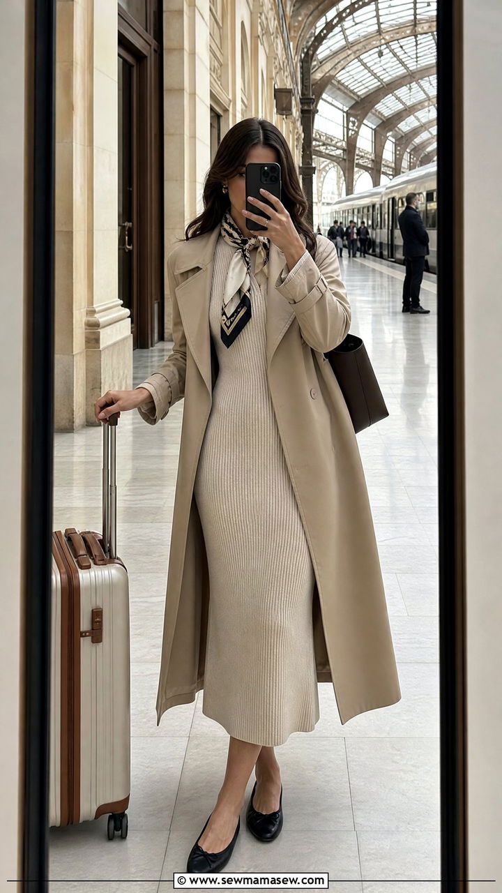 Ribbed Knit Midi Dress with Trench Coat and Ballet Flats - 25 Old money outfit ideas for travel