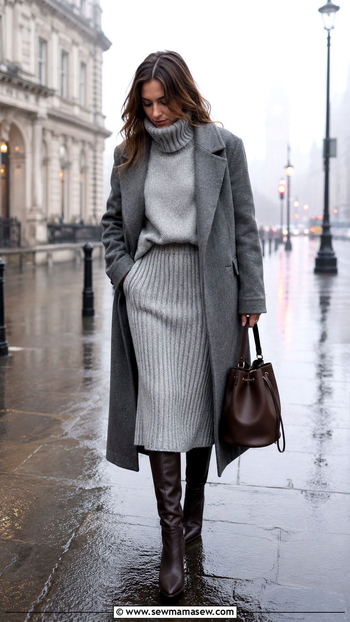 Ribbed Knit Midi Skirt With Chunky Turtleneck And Boots - 30 Rainy day casual outfit ideas