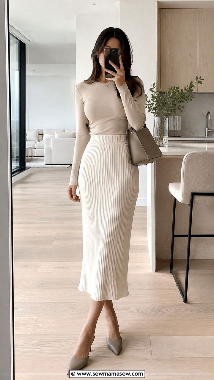 Ribbed Knit Midi Skirt With Fitted Long Sleeve And Mules - 30 Spring outfits with midi skirts