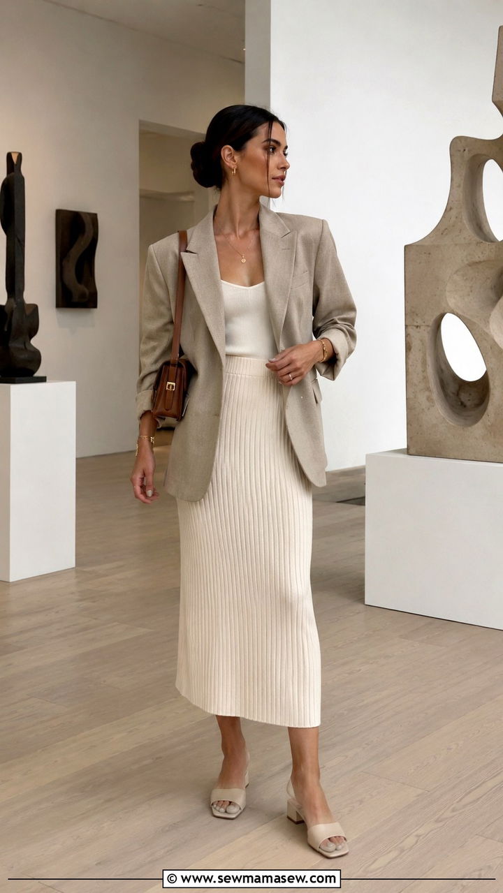 Ribbed Knit Midi Skirt With Oversized Blazer And Heeled Sandals - 30 spring museum day outfit ideas
