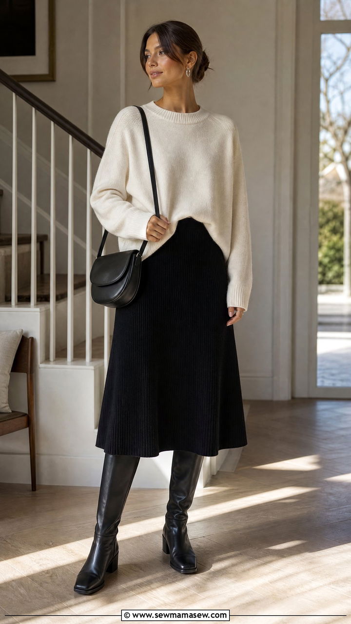 Ribbed Knit Midi Skirt With Oversized Crewneck Sweater - 25 Quiet luxury outfit ideas The Row style