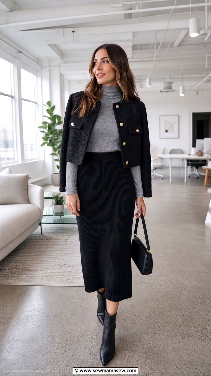 Ribbed Knit Midi Skirt with Cashmere Turtleneck and Cropped Jacket - 25 How to style a midi skirt for work