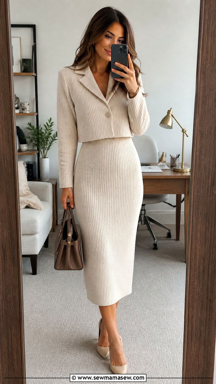 Ribbed Knit Midi Skirt with Cropped Blazer - 40 Boss lady outfit ideas