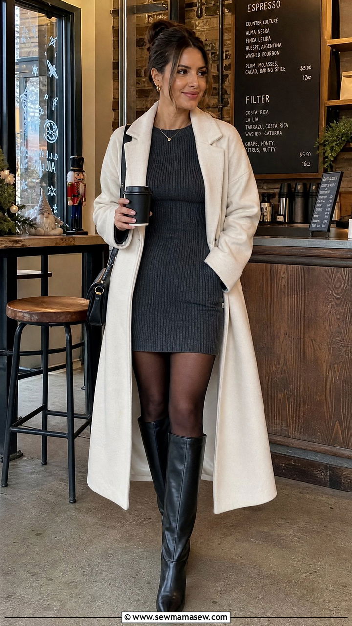 Ribbed Knit Mini Dress With Tights - 30 Mini dress outfit ideas with tights