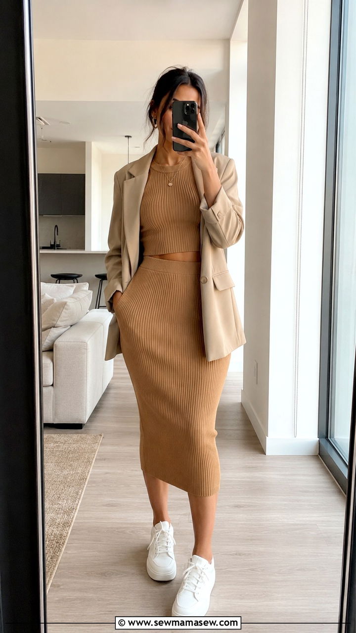 Ribbed Knit Pencil Skirt With Crop Top - 30 Pencil skirt outfit ideas with a crop top