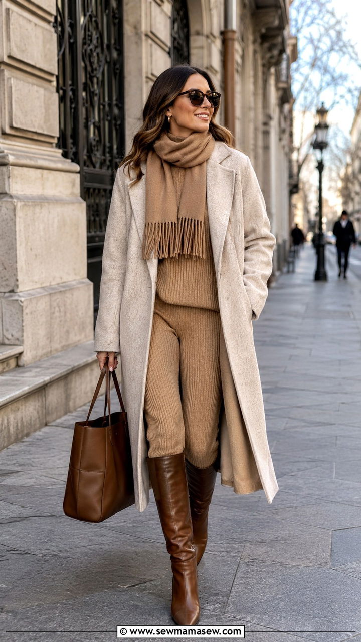 Ribbed Knit Set With A Wool Coat - 30 Ribbed matching set outfit ideas