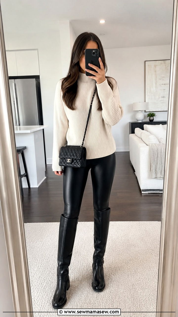 Ribbed Knit Sweater and Faux Leather Leggings With Tall Boots Outfit - 30 Horse girl outfit ideas