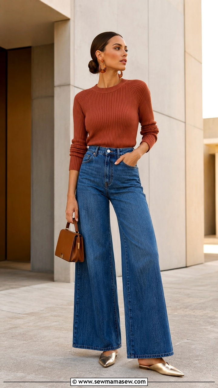 Ribbed Knit Sweater and Wide Leg Jeans With Mules - 25 Wide leg jeans outfit ideas with a sweater