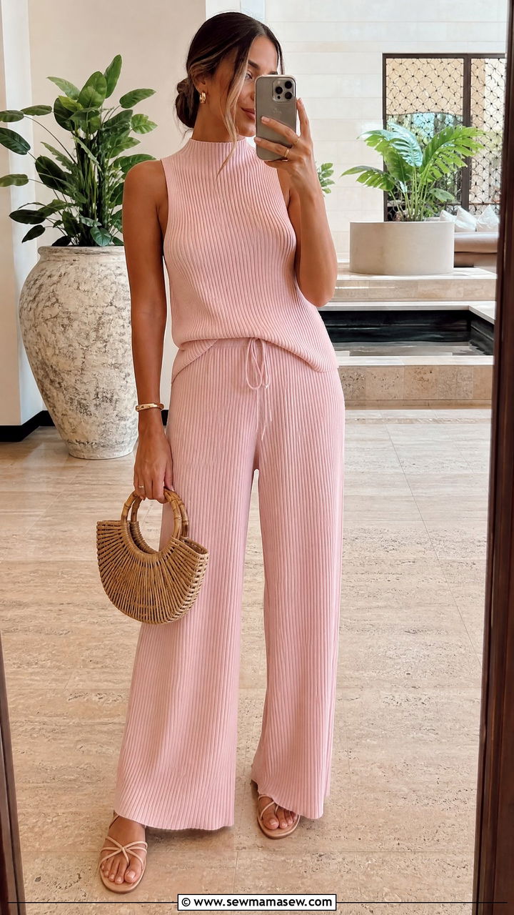 Ribbed Knit Tank And Palazzo Pants Set - 30 Coord set outfit ideas for beach