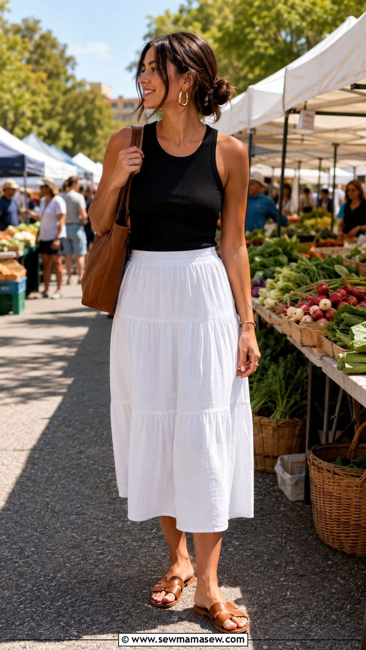 Ribbed Knit Tank With Tiered Midi Skirt - 30 Midi skirt outfit ideas for summer