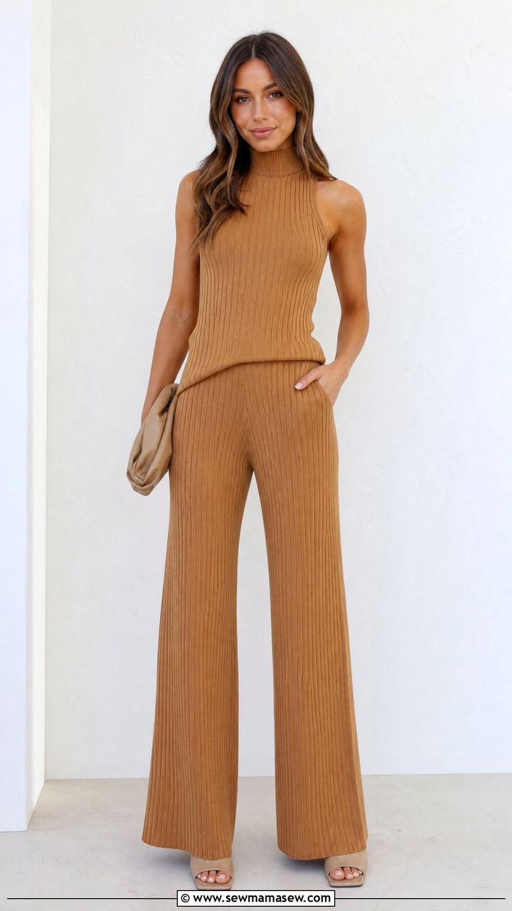 Ribbed Knit Tank and Wide Leg Pants Set - 30 Matching set outfit ideas spring